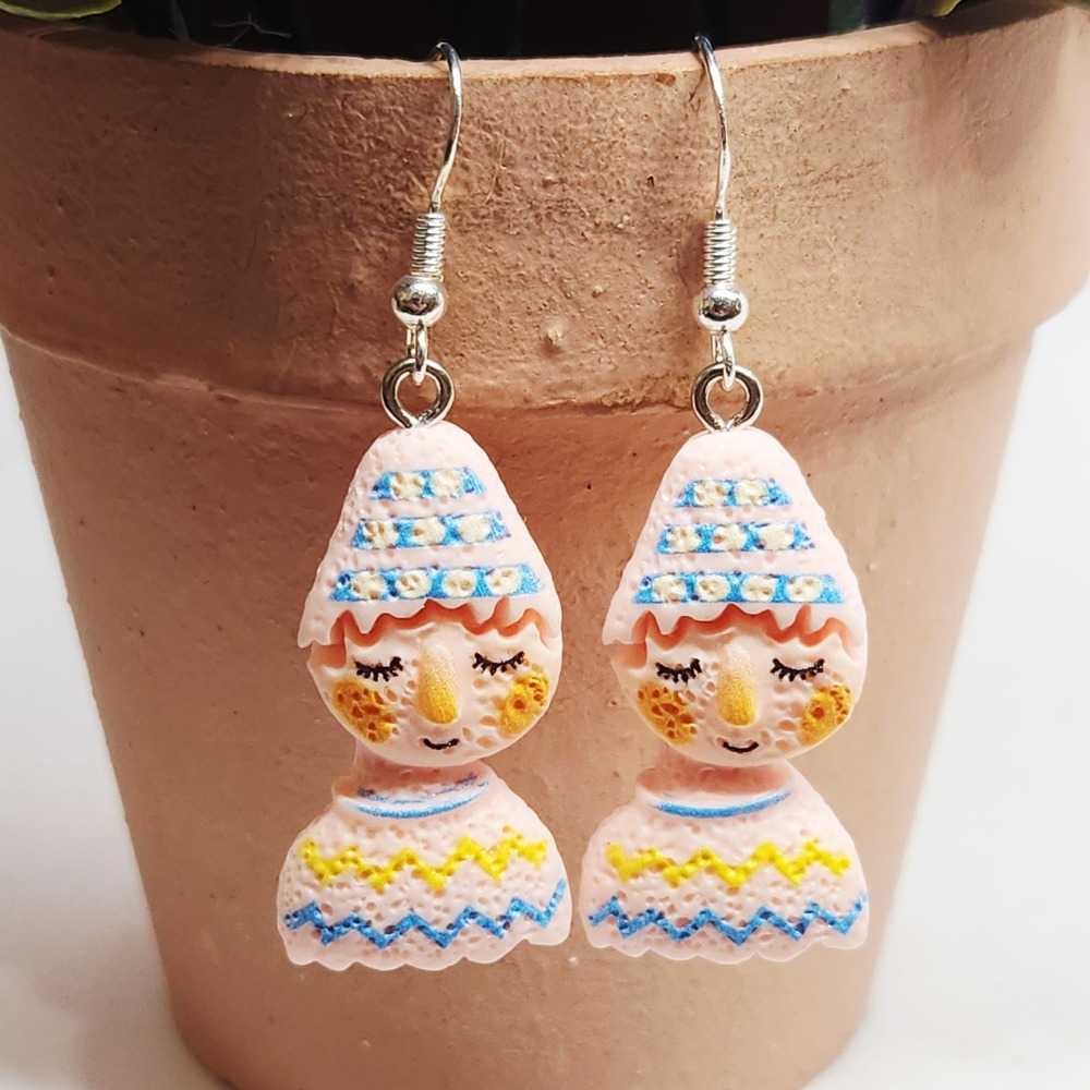 Pink Folk Art Doll Drop Earrings‎ Winter Sweater Gnome Whimsical Kitsch Novelty
